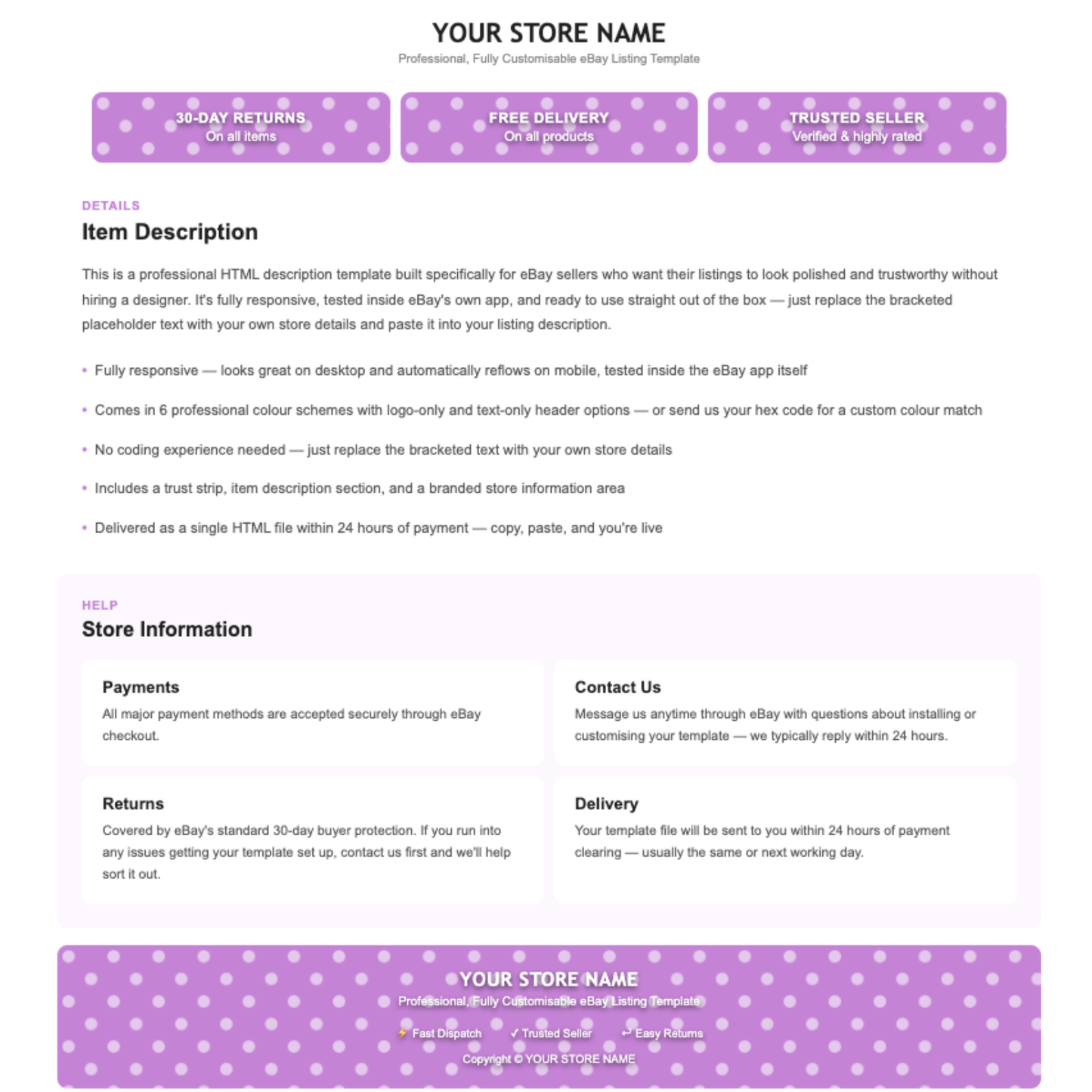 Polka Dot Modern Responsive HTML eBay Listing Template | Instant Download