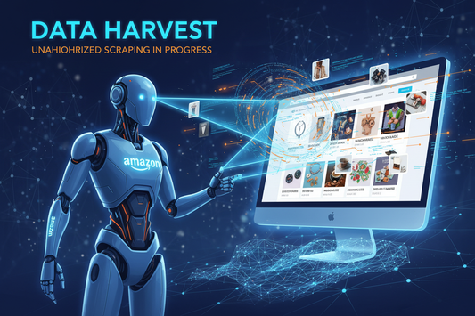A digital representation of an Amazon AI bot scanning an independent retailer's website, illustrating the unauthorized scraping of product data.
