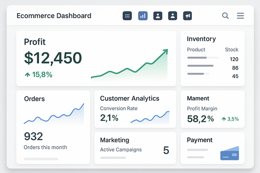 Dashboard showing multiple ecommerce tools integrated into one clean interface with profit metrics rising.