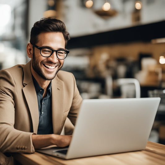 A business owner smiling while analyzing customer loyalty data on a laptop without offering discounts.