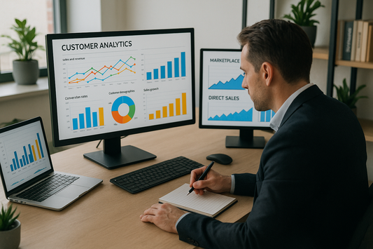 Seller reviewing customer data analytics to grow sales beyond marketplace rankings.