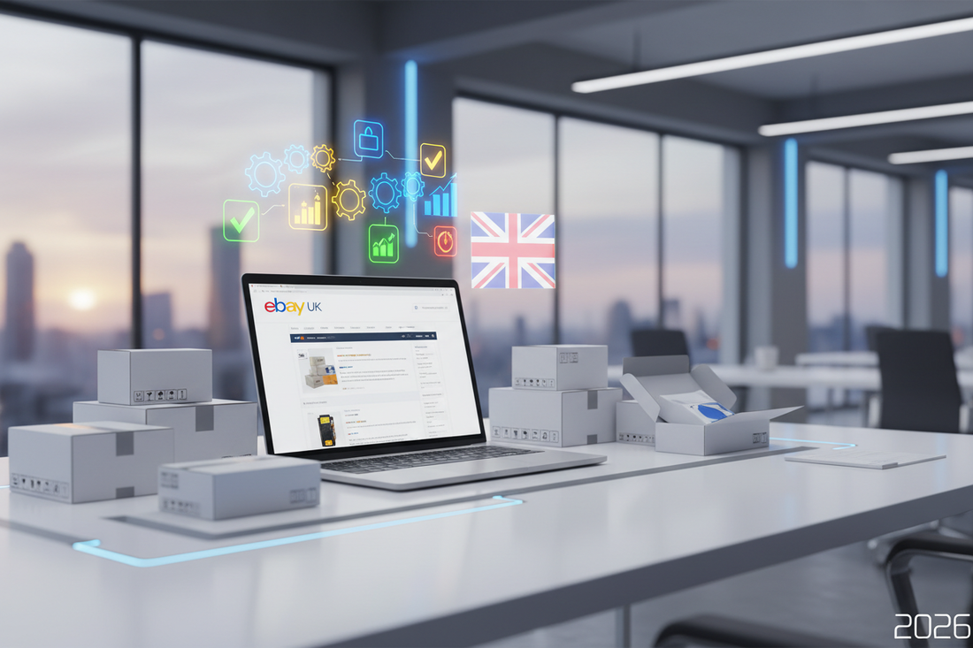 Infographic showing the 7-stage eBay UK business operating system including account setup, data optimization, and automated logistics.