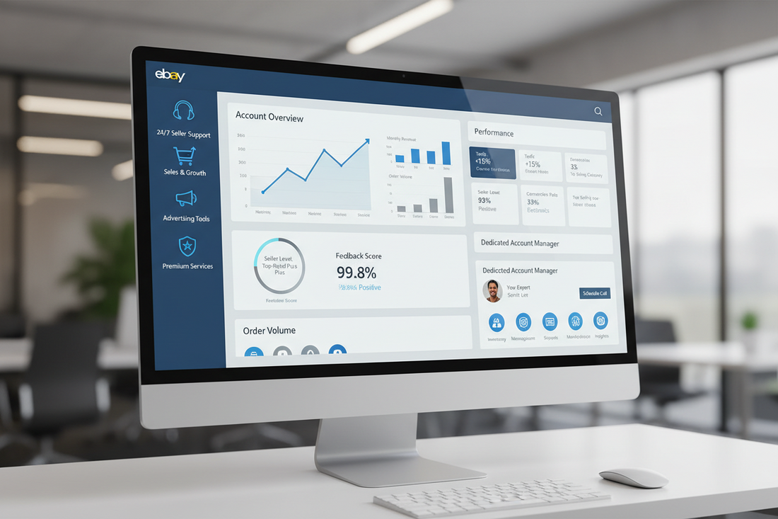 eBay account management services dashboard showing dedicated support options for online sellers