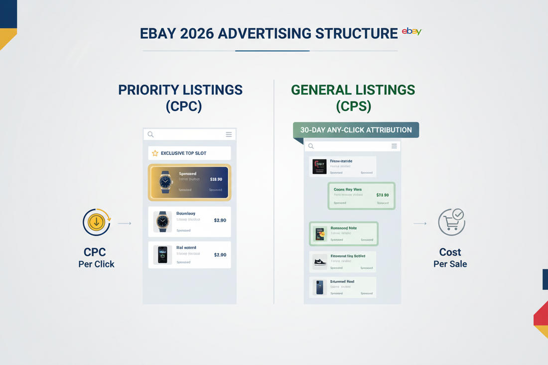Comparison chart showing eBay's 2026 ad structure: Priority (CPC) taking the exclusive top slot and General (CPS) distributed across search results with 30-day any-click attribution.