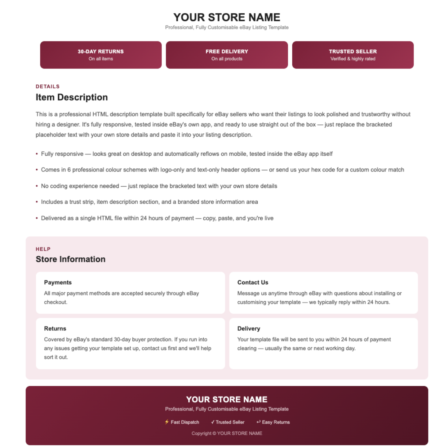 Minimal Modern Responsive HTML eBay Listing Template | Instant Download