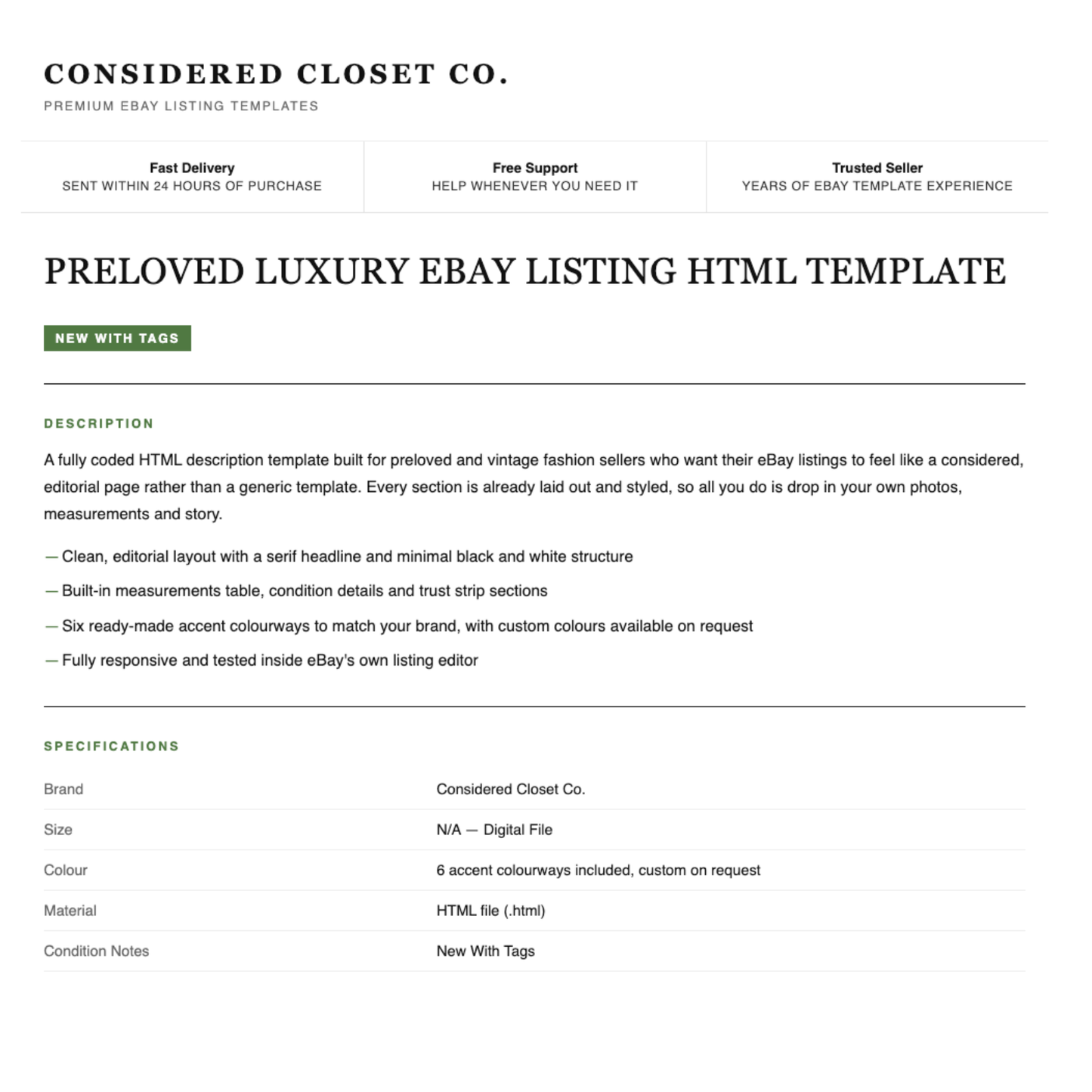 Luxury Preloved Fashion Responsive HTML eBay Listing Template | Instant Download