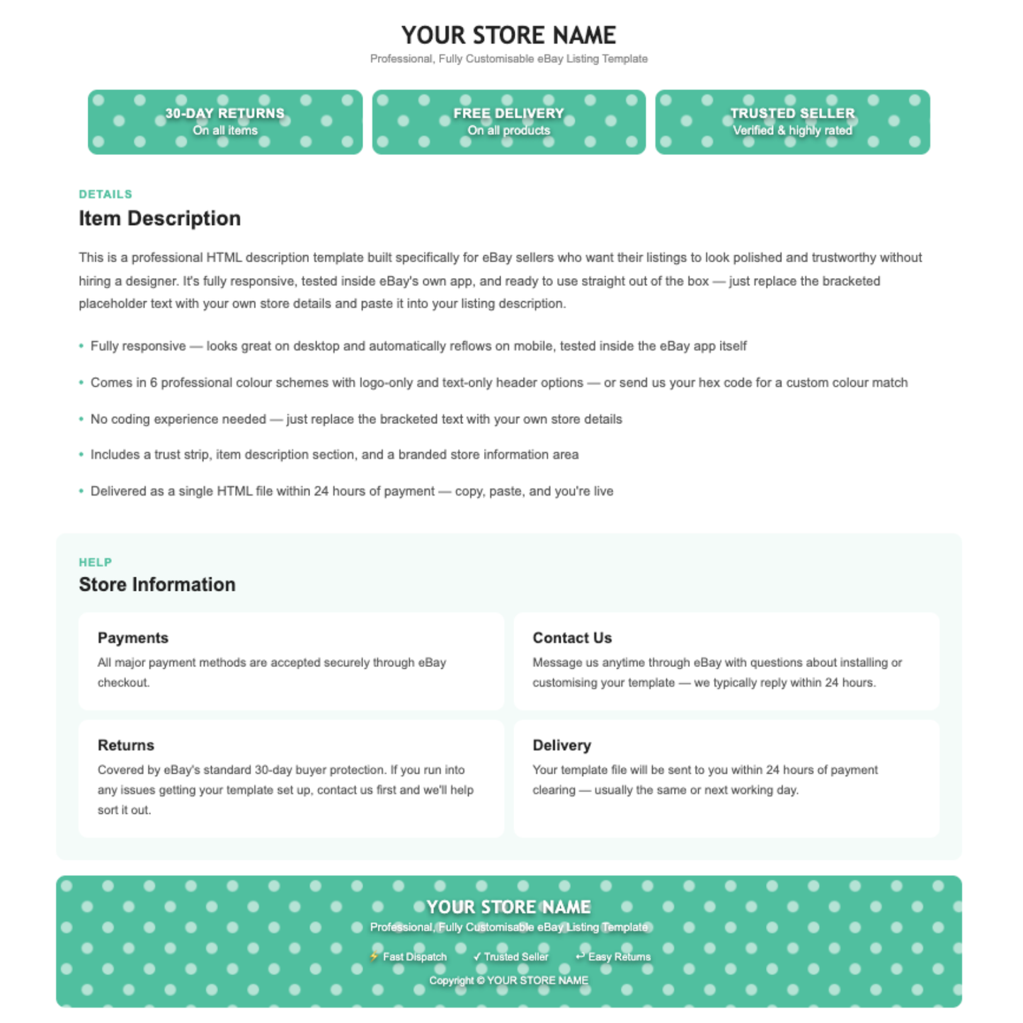 Polka Dot Modern Responsive HTML eBay Listing Template | Instant Download
