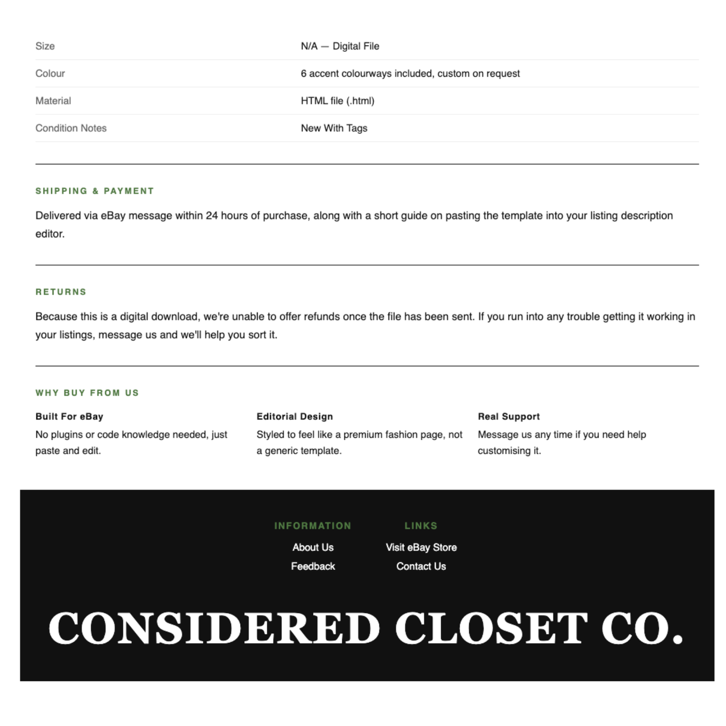 Luxury Preloved Fashion Responsive HTML eBay Listing Template | Instant Download