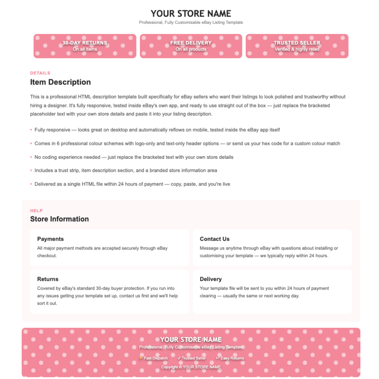 Polka Dot Modern Responsive HTML eBay Listing Template | Instant Download
