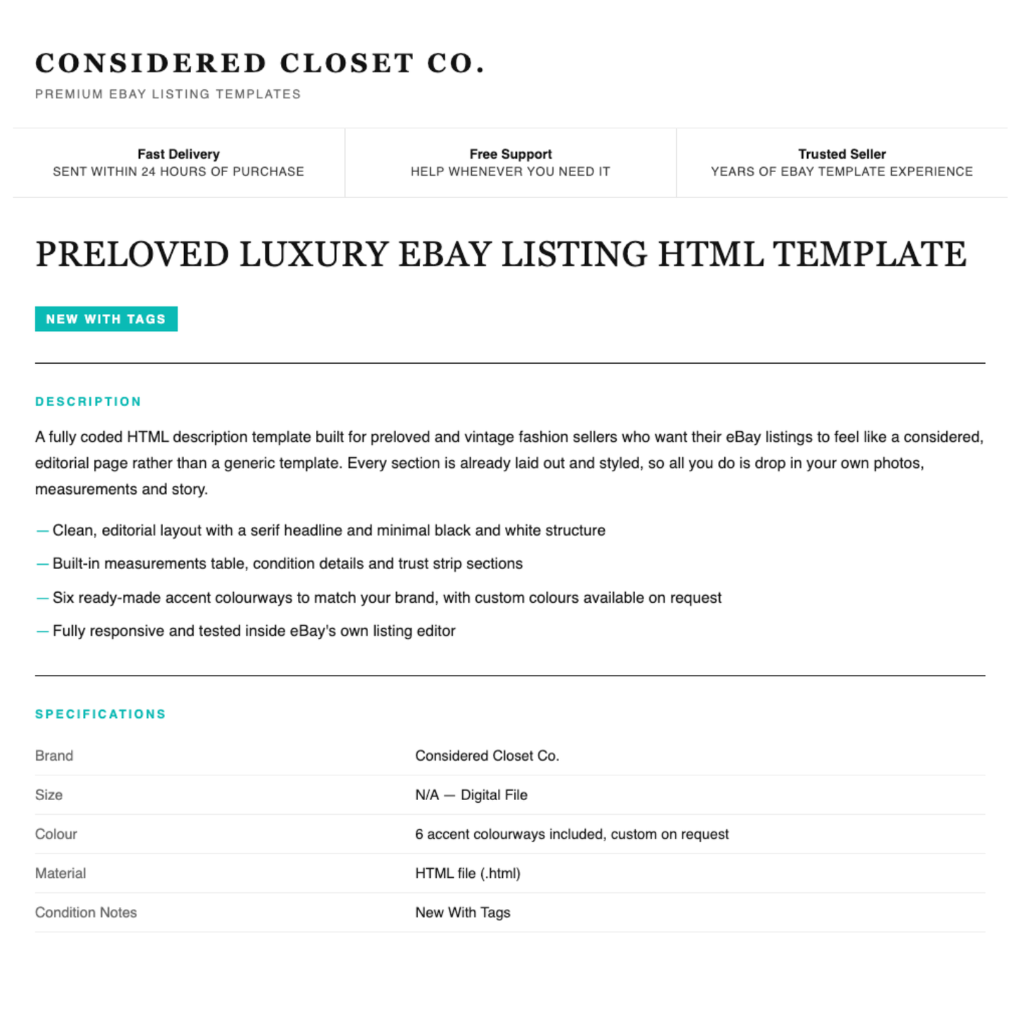 Luxury Preloved Fashion Responsive HTML eBay Listing Template | Instant Download