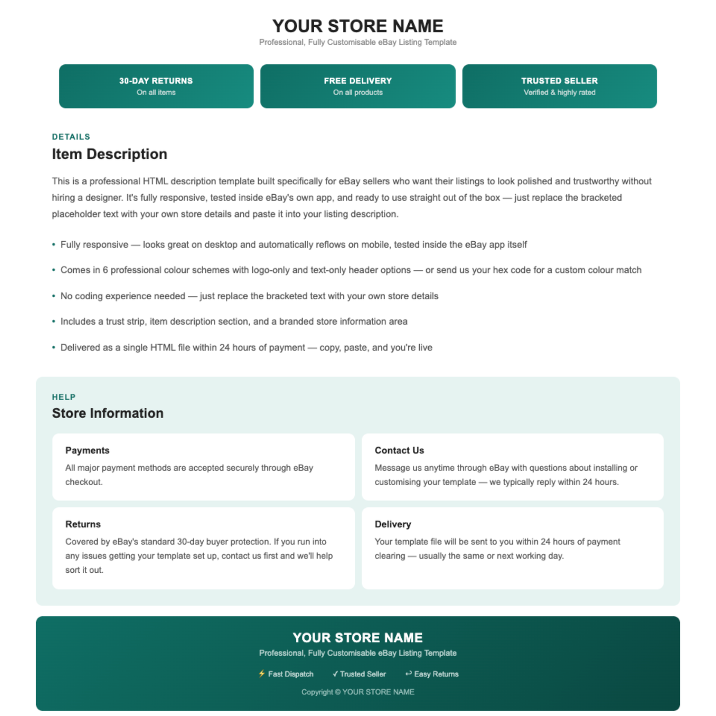Minimal Modern Responsive HTML eBay Listing Template | Instant Download