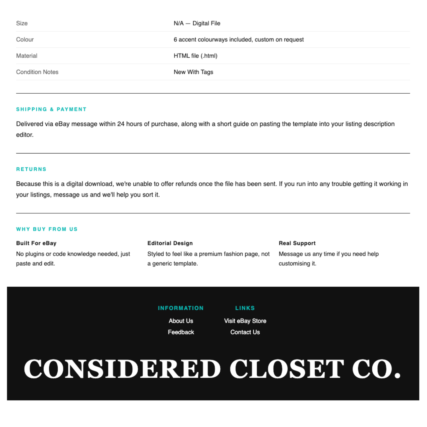 Luxury Preloved Fashion Responsive HTML eBay Listing Template | Instant Download