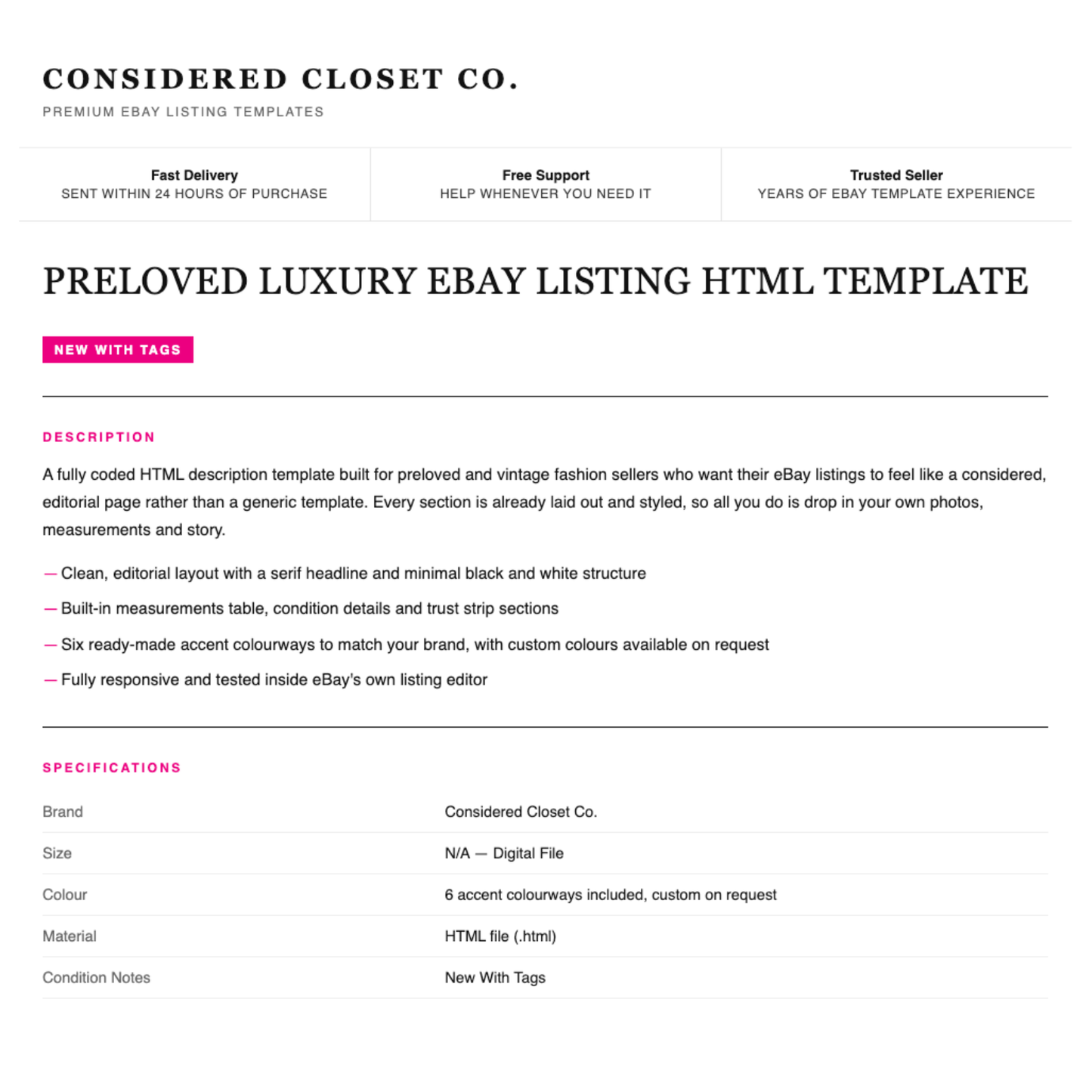 Luxury Preloved Fashion Responsive HTML eBay Listing Template | Instant Download