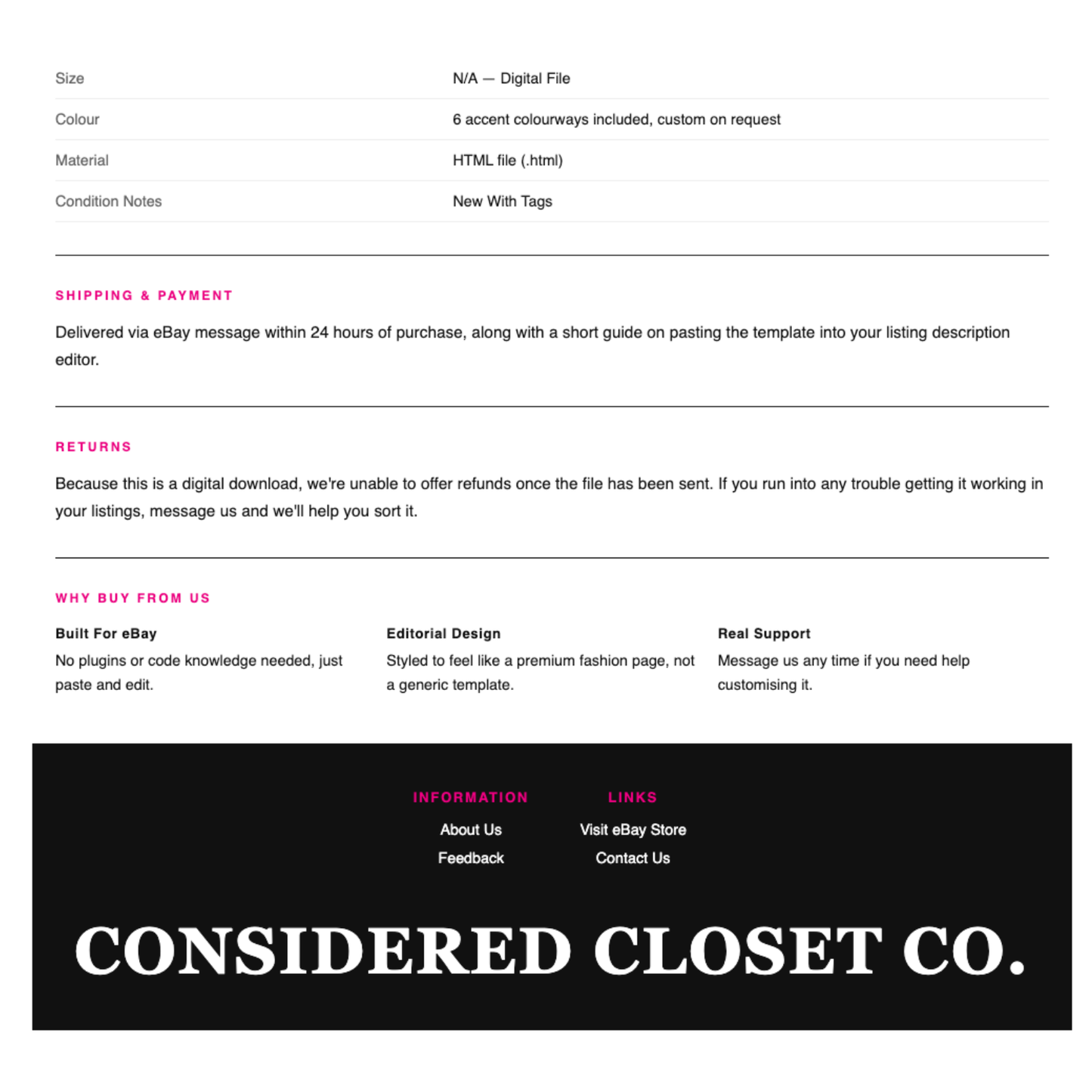 Luxury Preloved Fashion Responsive HTML eBay Listing Template | Instant Download