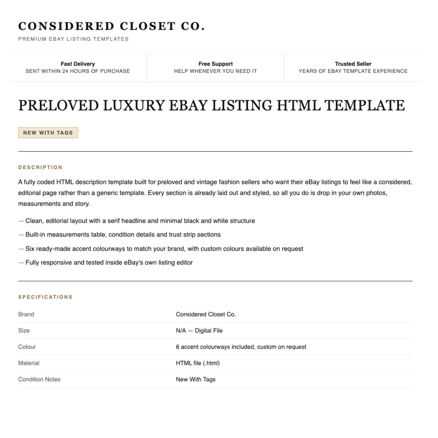 Luxury Preloved Fashion Responsive HTML eBay Listing Template | Instant Download