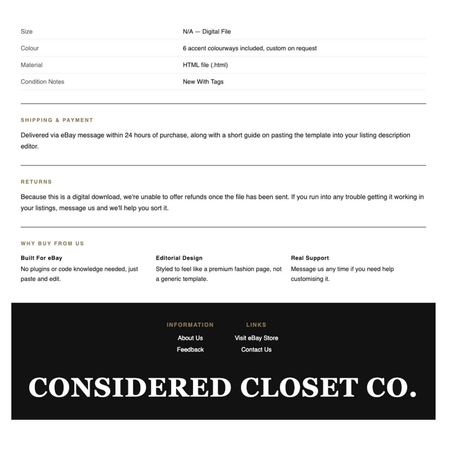 Luxury Preloved Fashion Responsive HTML eBay Listing Template | Instant Download
