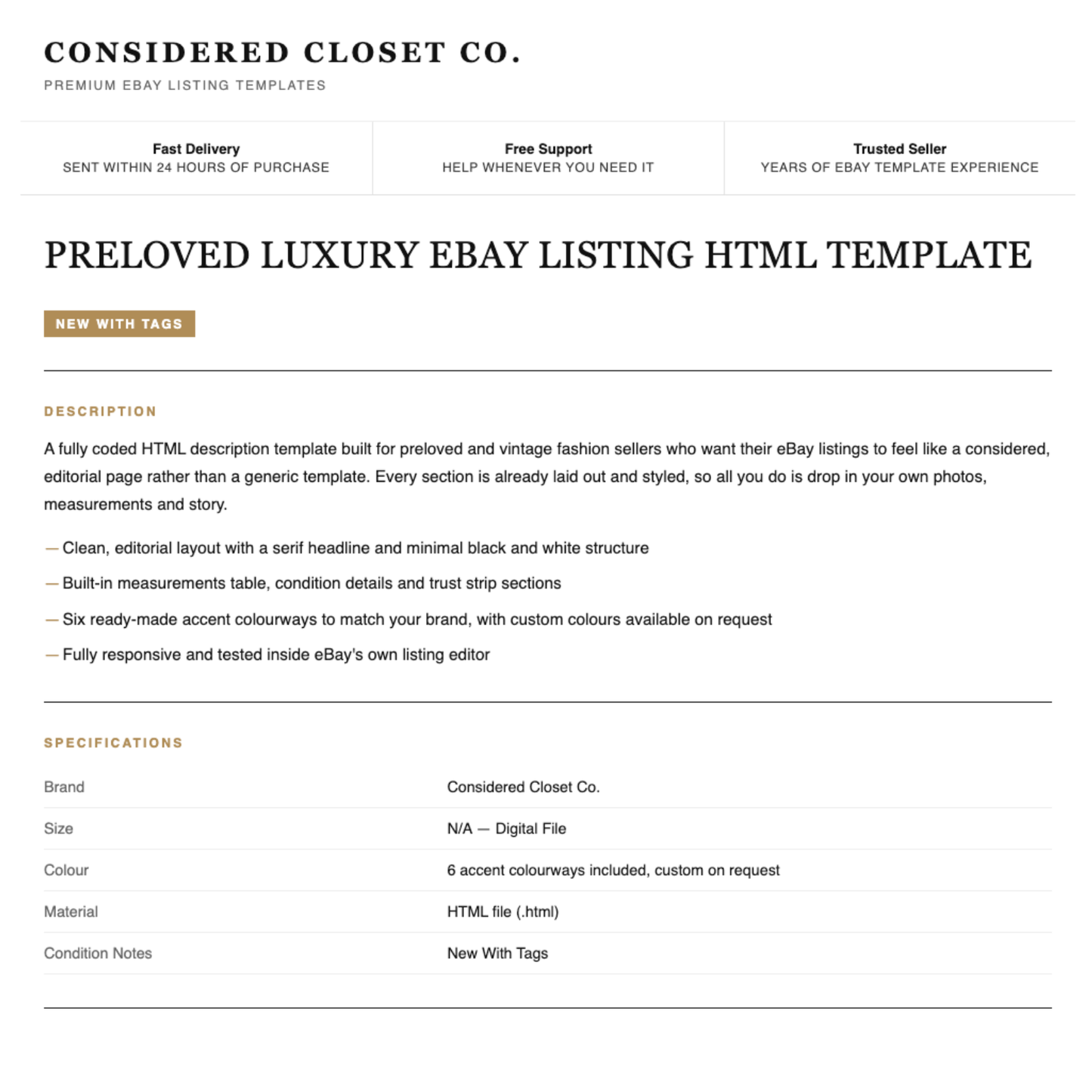 Luxury Preloved Fashion Responsive HTML eBay Listing Template | Instant Download