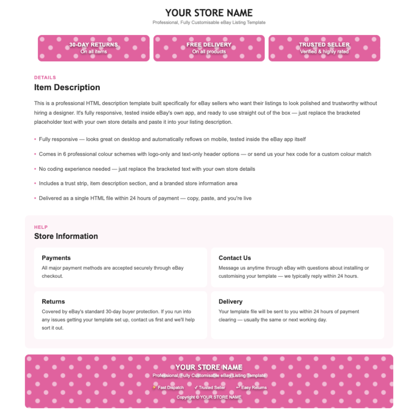 Polka Dot Modern Responsive HTML eBay Listing Template | Instant Download