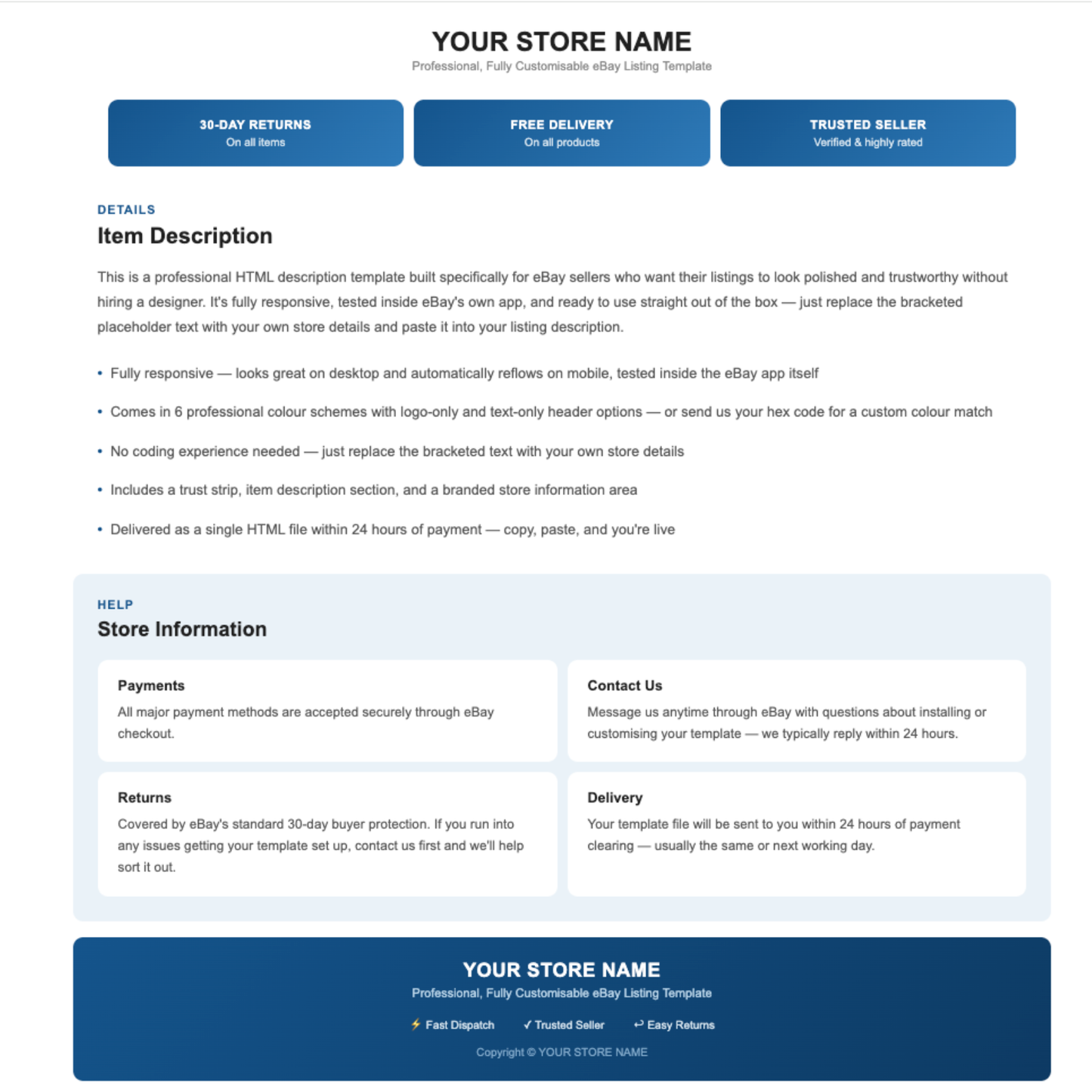 Minimal Modern Responsive HTML eBay Listing Template | Instant Download