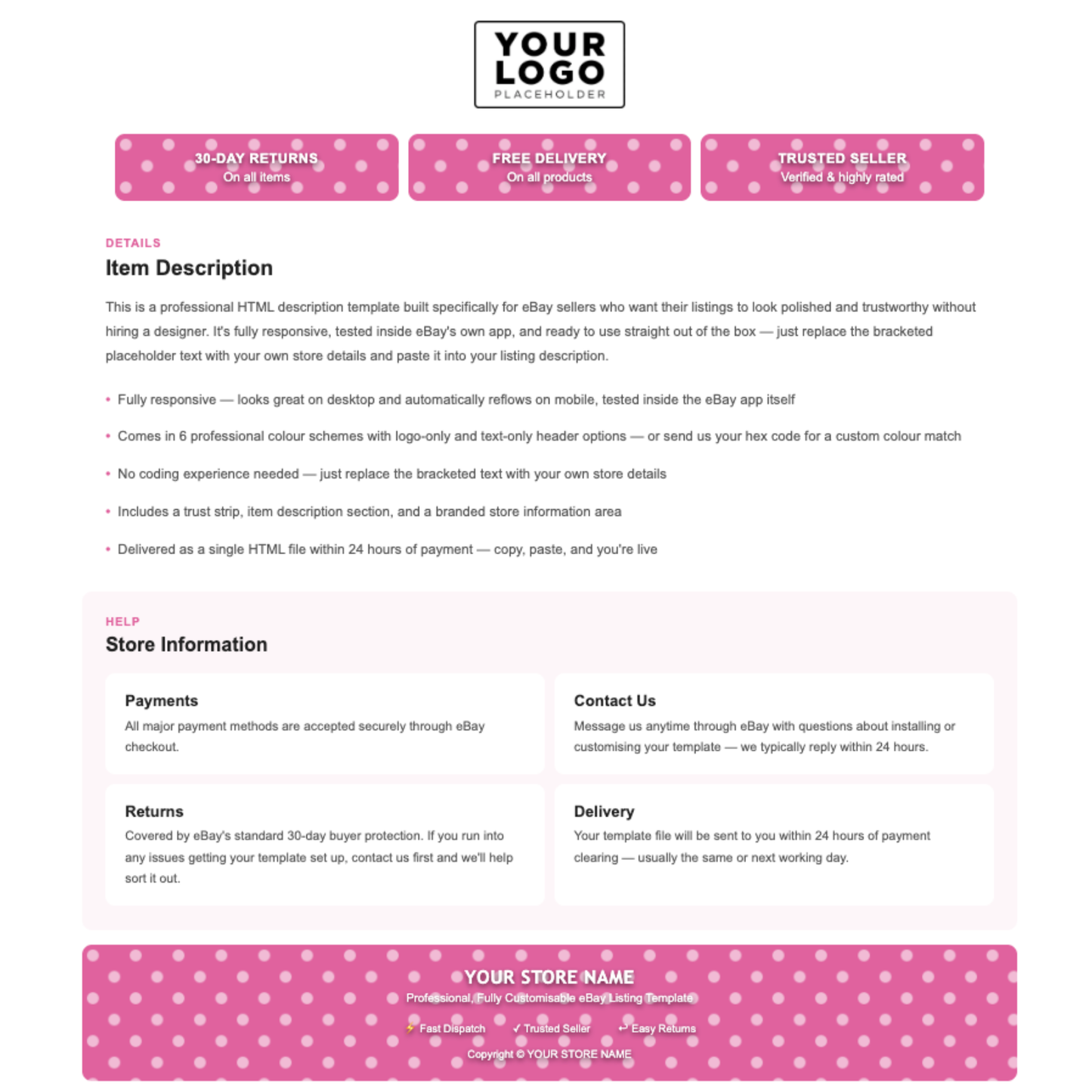 Polka Dot Modern Responsive HTML eBay Listing Template | Instant Download