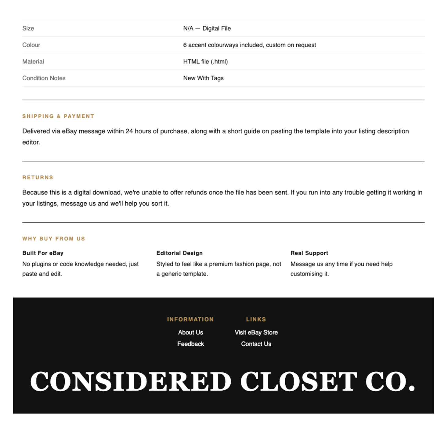 Luxury Preloved Fashion Responsive HTML eBay Listing Template | Instant Download