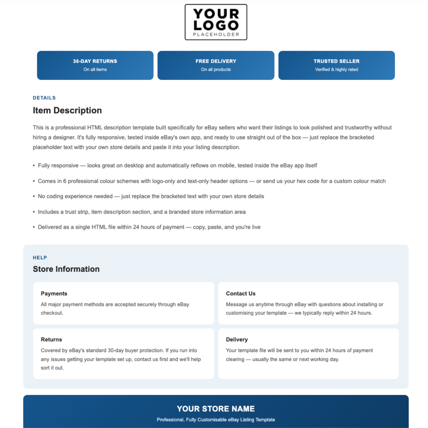 Minimal Modern Responsive HTML eBay Listing Template | Instant Download