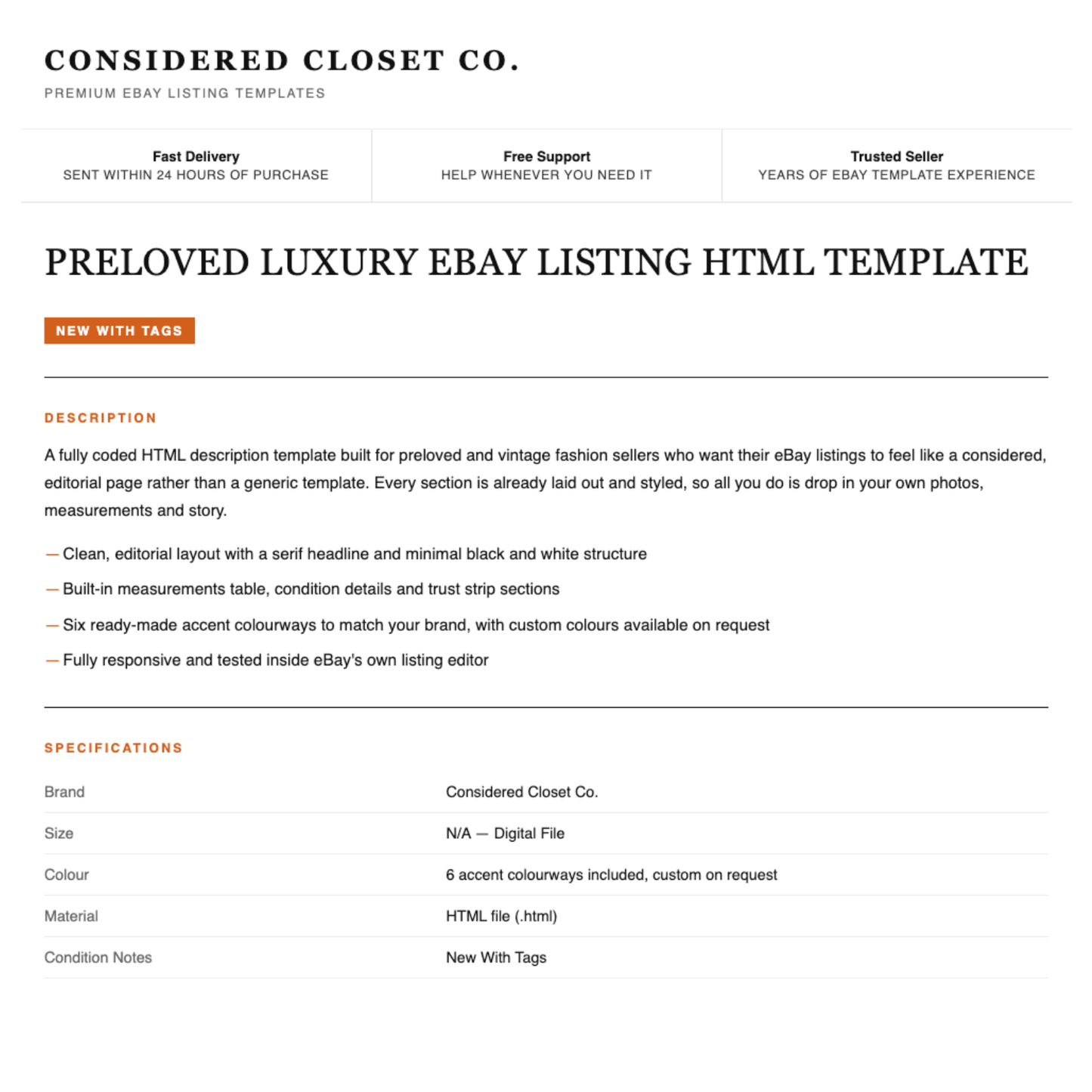 Luxury Preloved Fashion Responsive HTML eBay Listing Template | Instant Download