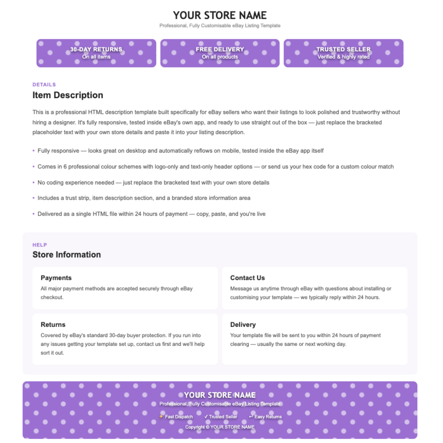 Polka Dot Modern Responsive HTML eBay Listing Template | Instant Download