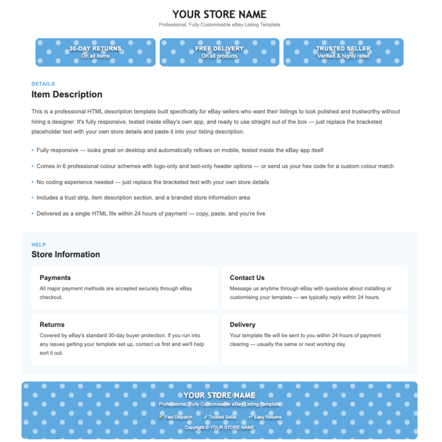 Polka Dot Modern Responsive HTML eBay Listing Template | Instant Download