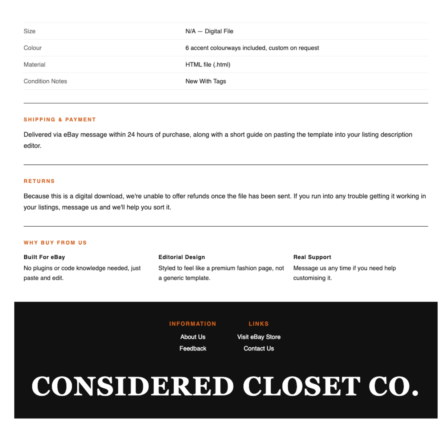 Luxury Preloved Fashion Responsive HTML eBay Listing Template | Instant Download