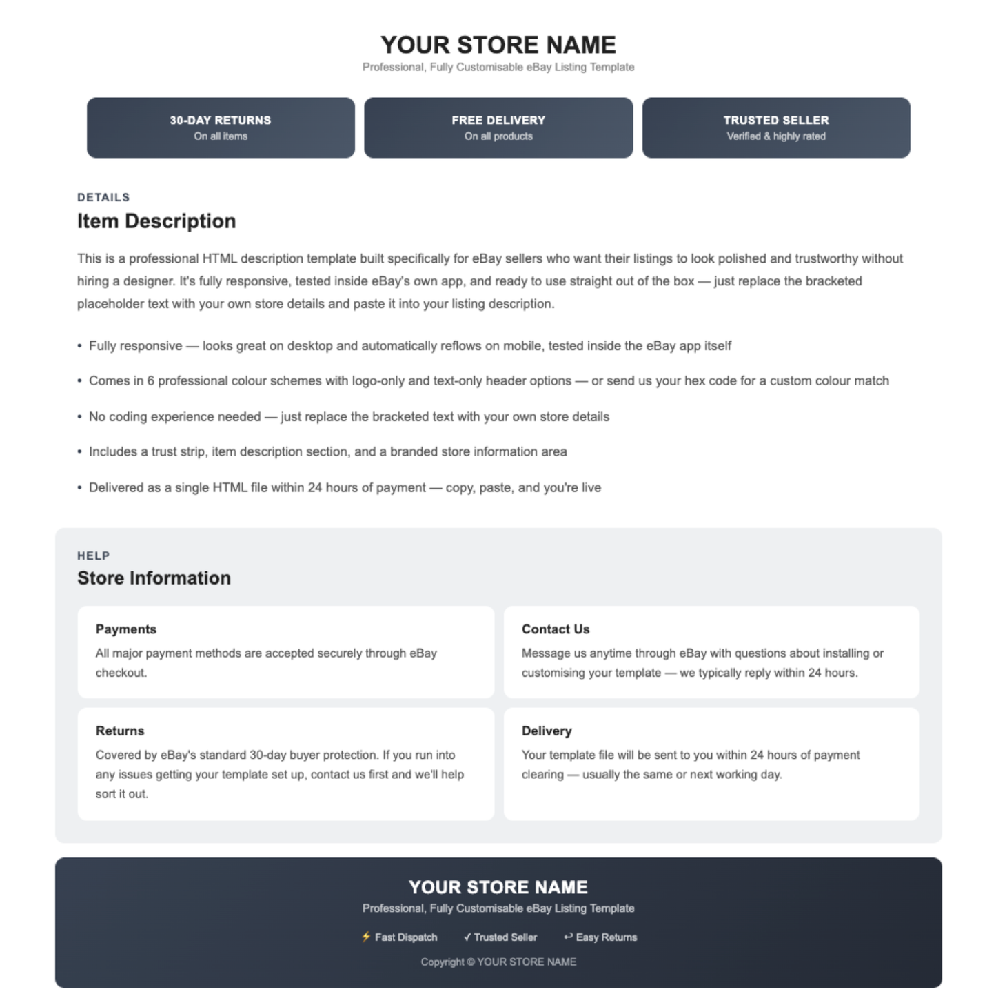 Minimal Modern Responsive HTML eBay Listing Template | Instant Download