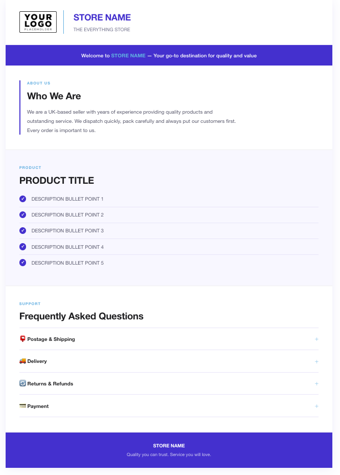 Professional eBay Store HTML Description Responsive Template | 7 Premium Colour Themes