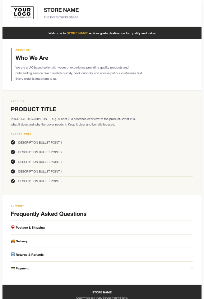 Professional eBay Store HTML Description Responsive Template | 7 Premium Colour Themes