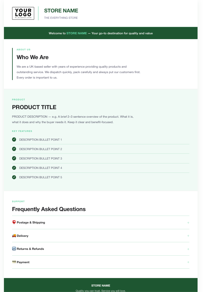 Professional eBay Store HTML Description Responsive Template | 7 Premium Colour Themes