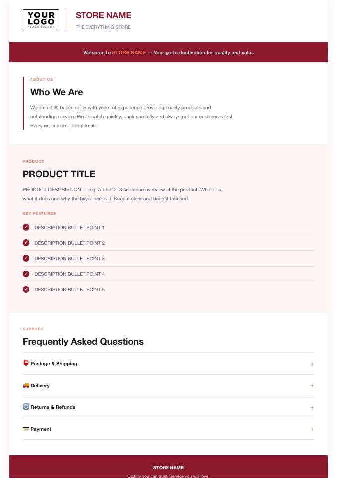 Professional eBay Store HTML Description Responsive Template | 7 Premium Colour Themes
