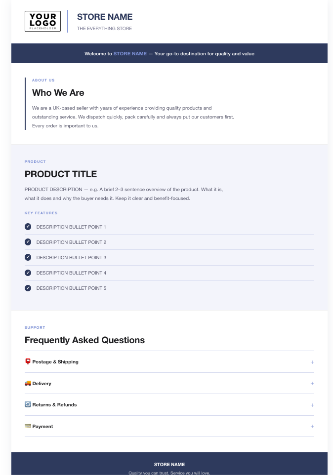 Professional eBay Store HTML Description Responsive Template | 7 Premium Colour Themes